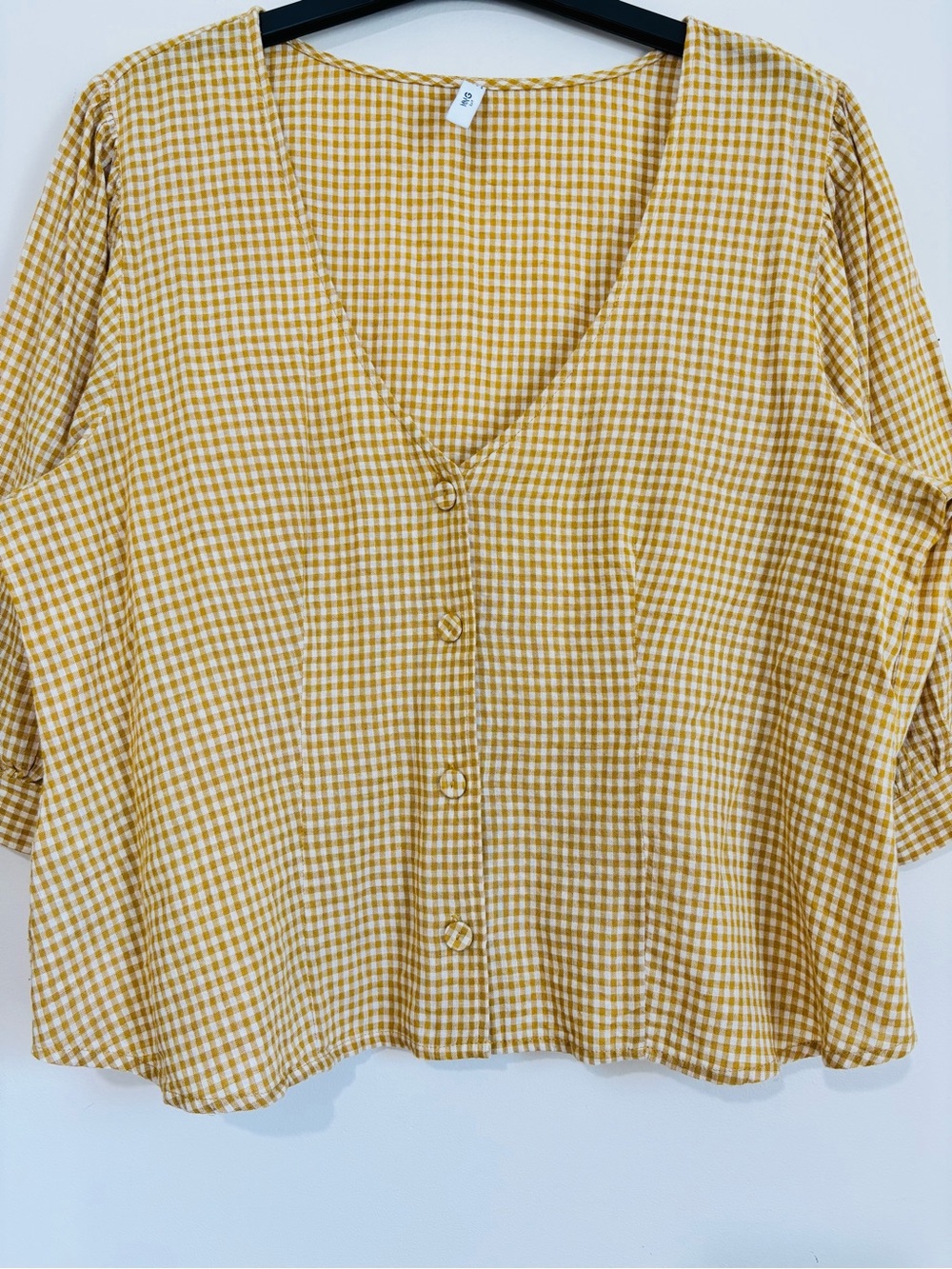 Mango lagenlook mustard gingham V-neck puff sleeve button up resort crop blouse - Picture 7 of 16